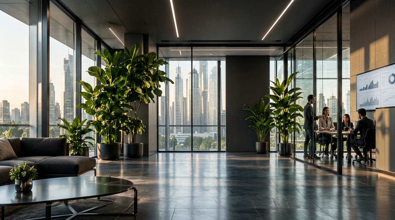 Modern Helix Group office overlooking a city skyline at night